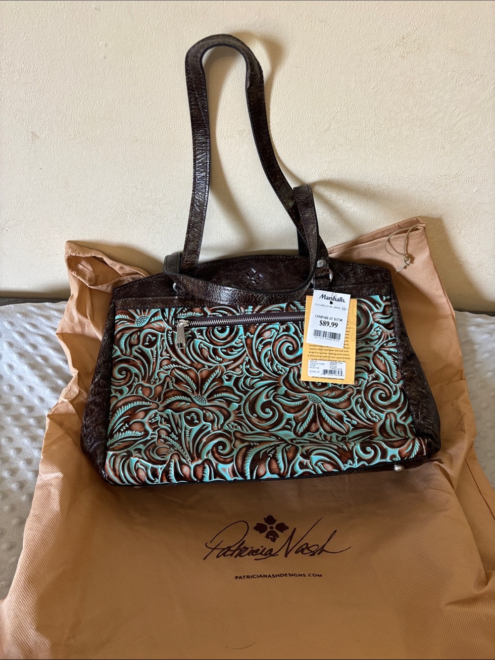 Patricia Nash Brown Leather Tooled Shoulder Bag with Turquoise Accents